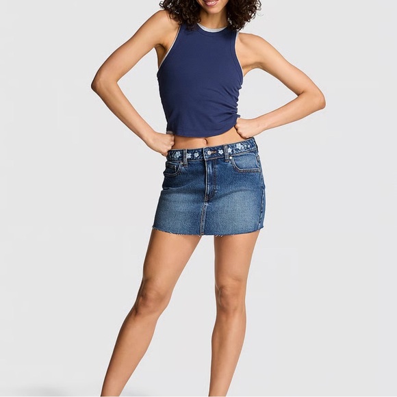 PINK Victoria's Secret Dresses & Skirts - Denim by PINK Victorias Secret Mini Skirt Medium Wash Embroidery Size XS NEW